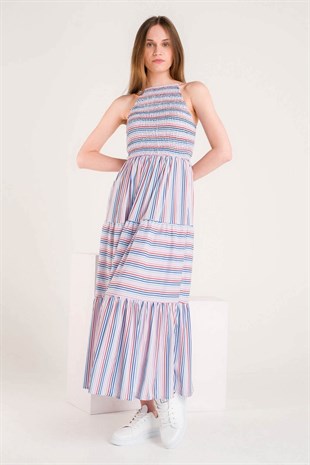 Renkli Çizgili Üstü Gipeli Sırt Dekolteli Uzun Elbise