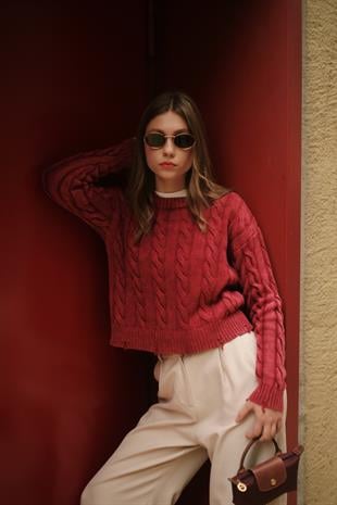 Saç Örgü Detaylı Bisiklet Yaka Kadın Bordo Kazak Triko