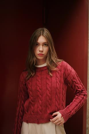 Saç Örgü Detaylı Bisiklet Yaka Kadın Bordo Kazak Triko