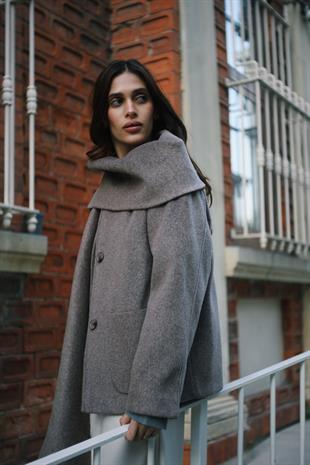 Şal Detaylı Kaşe Kahverengi Mont Ceket