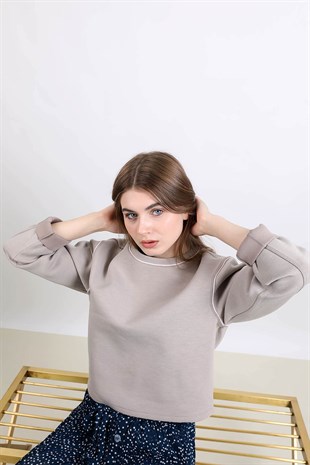 Şerit detaylı crop sweatshirt - gri