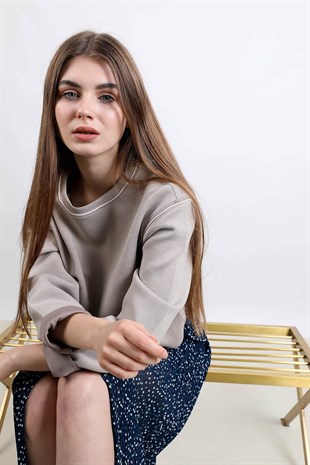 Şerit detaylı crop sweatshirt - gri