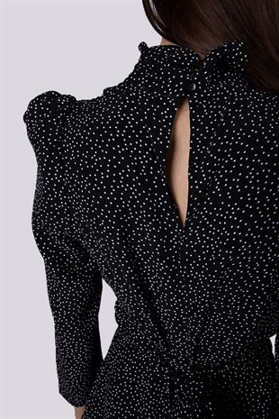 Siyah beyaz puantiyeli uzun kollu mini elbise şifon