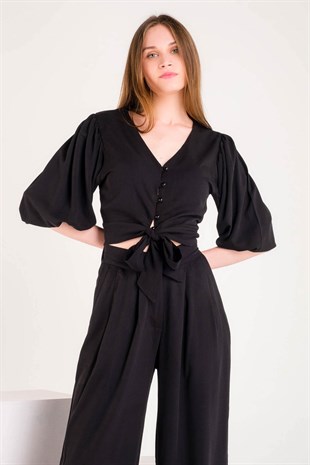 Siyah Önden Düğmeli Bağlamalı Palazzo Pantolonlu Takım