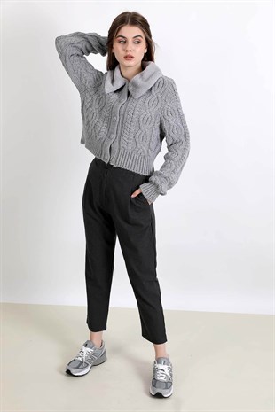 Straight bol kesim arkası lastikli kumaş pantolon - Gri