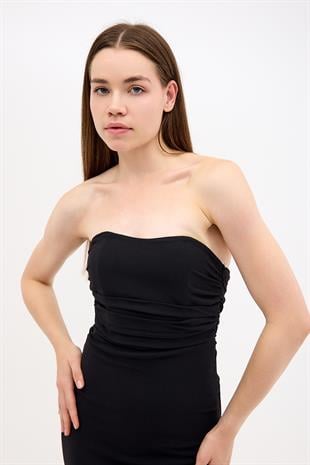 Straplez Arkası Bağlama Detaylı Viskon Pamuklu Elbise