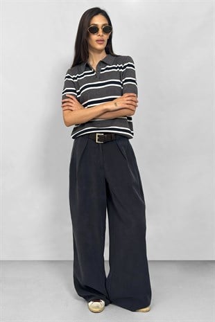 Tencel Kumaş Kemerli Rahat Kesim Pantolon - Lacivert