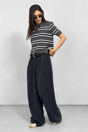 Tencel Kumaş Kemerli Rahat Kesim Pantolon - Lacivert