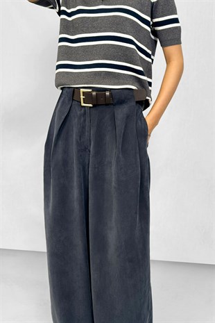 Tencel Kumaş Kemerli Rahat Kesim Pantolon - Lacivert