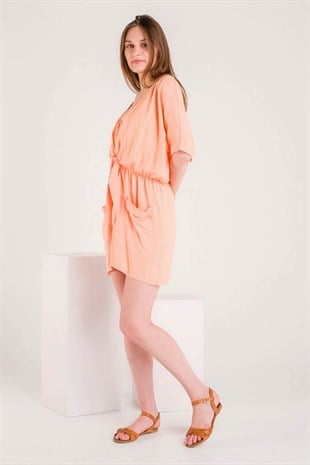 Turuncu Önü Bağlama Detaylı Rahat Kesim Şort Tulum