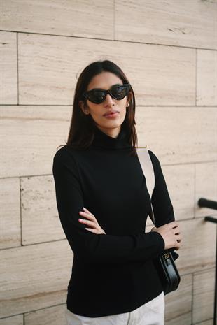 Uzun Kollu Balıkçı Yaka Pamuk Viskon Kumaş Soft Touch Fitted Esnek Dikişsiz Kadın Siyah Boğazlı Bluz Body Basic