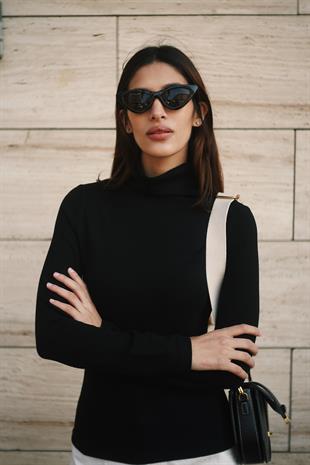 Uzun Kollu Balıkçı Yaka Pamuk Viskon Kumaş Soft Touch Fitted Esnek Dikişsiz Kadın Siyah Boğazlı Bluz Body Basic