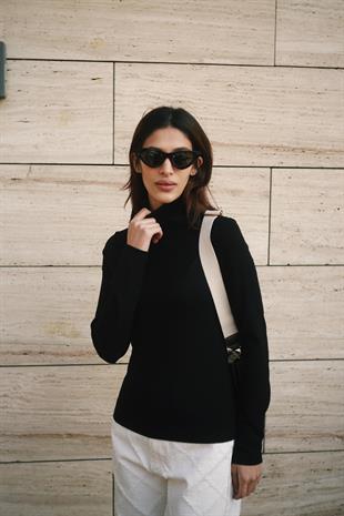 Uzun Kollu Balıkçı Yaka Pamuk Viskon Kumaş Soft Touch Fitted Esnek Dikişsiz Kadın Siyah Boğazlı Bluz Body Basic