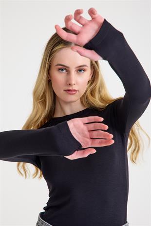 Uzun Kollu Bisiklet Yaka Modal Kumaş Soft Touch Fitted Esnek Kadın Siyah Bluz Body Basic