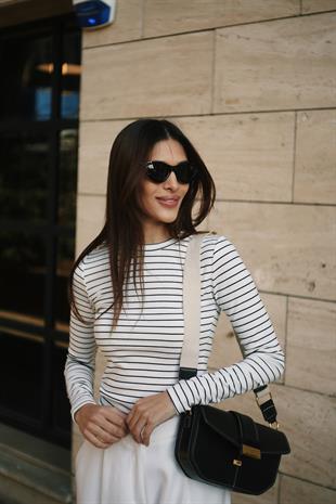 Uzun Kollu Bisiklet Yaka Modal Kumaş Soft Touch Fitted Esnek Kadın Beyaz Siyah Çizgili Bluz Body Basic