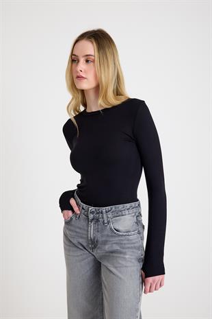 Uzun Kollu Bisiklet Yaka Modal Kumaş Soft Touch Fitted Esnek Kadın Siyah Bluz Body Basic