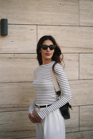 Uzun Kollu Bisiklet Yaka Modal Kumaş Soft Touch Fitted Esnek Kadın Beyaz Siyah Çizgili Bluz Body Basic