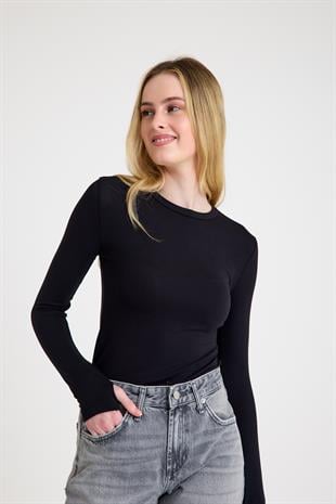 Uzun Kollu Bisiklet Yaka Modal Kumaş Soft Touch Fitted Esnek Kadın Siyah Bluz Body Basic