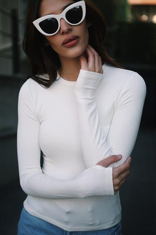 Uzun Kollu Bisiklet Yaka Modal Kumaş Soft Touch Fitted Esnek Kadın Ekru Bluz Body Basic