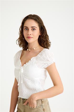 V-Yaka Balon Kollu Beli Lastik Detaylı Pamuk Fisto Beyaz Bluz