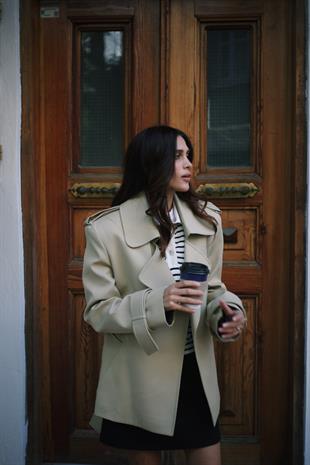 Vatkalı Premium Kalite Gabardin Kumaş Astarlı Midi Kısa Trençkot Ceket