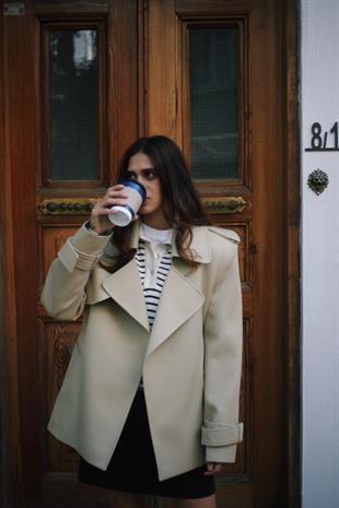 Vatkalı Premium Kalite Gabardin Kumaş Astarlı Midi Kısa Trençkot Ceket