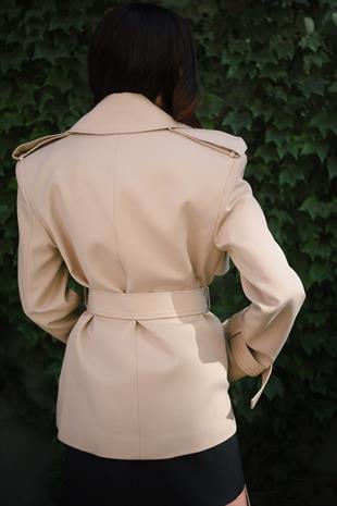 Vatkalı Premium Kalite Gabardin Kumaş Astarlı Midi Kısa Trençkot Ceket