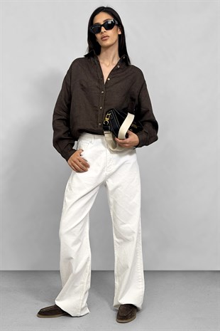 Wide leg Bol Paça İşleme Detaylı Kadın Ekru Denim Jean Kot Pantolon