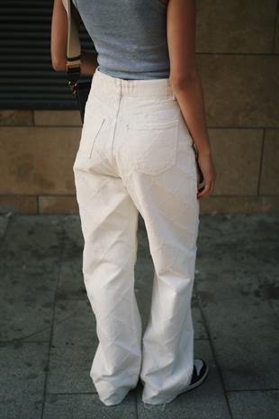 Wide leg Bol Paça İşleme Detaylı Kadın Ekru Denim Jean Kot Pantolon