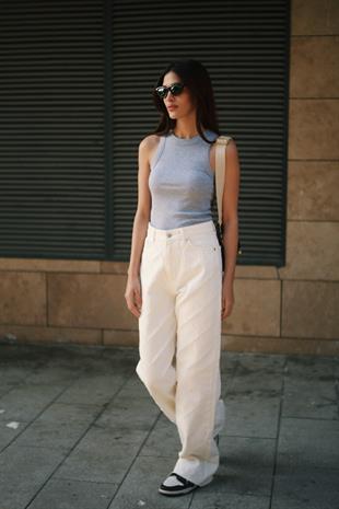 Wide leg Bol Paça İşleme Detaylı Kadın Ekru Denim Jean Kot Pantolon