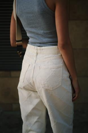 Wide leg Bol Paça İşleme Detaylı Kadın Ekru Denim Jean Kot Pantolon