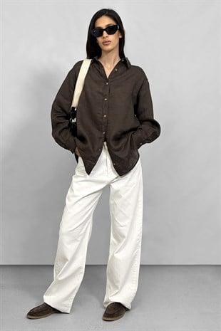 Wide leg Bol Paça İşleme Detaylı Kadın Ekru Denim Jean Kot Pantolon