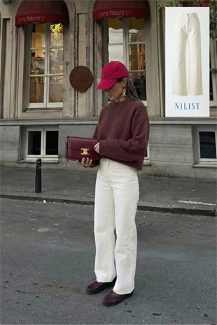 Wide leg Bol Paça İşleme Detaylı Kadın Ekru Denim Jean Kot Pantolon