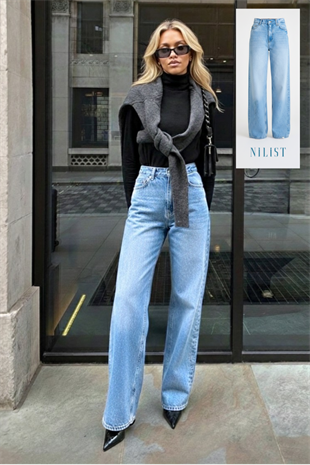 Wide leg Bol Paça Kadın Açık Mavi Denim Jean Kot Pantolon