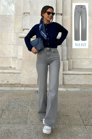 Wide leg Bol Paça Kadın Gri Denim Jean Kot Pantolon