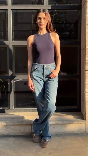 Wide leg Bol Paça Kadın Yıkamalı Lacivert Denim Jean Kot Pantolon