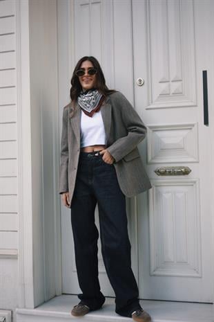 Wide leg Bol Paça Yüksek Bel Kadın Koyu Mavi Jean Kot Pantolon