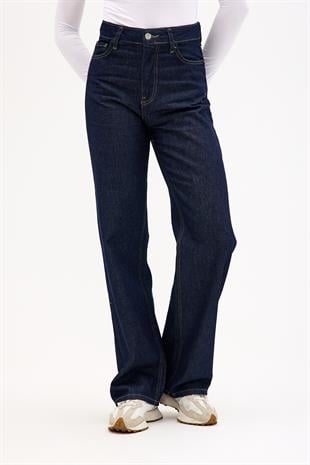 Wide leg Bol Paça Yüksek Bel Kadın Koyu Mavi Jean Kot Pantolon