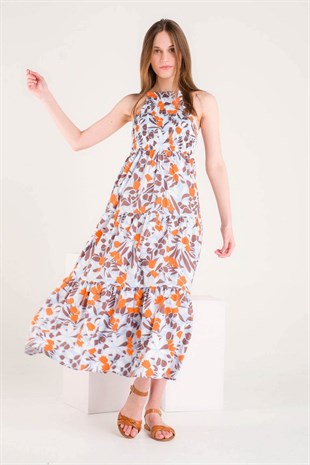 Yaprak Desenli Üstü Gipeli Sırt Dekolteli Uzun Elbise