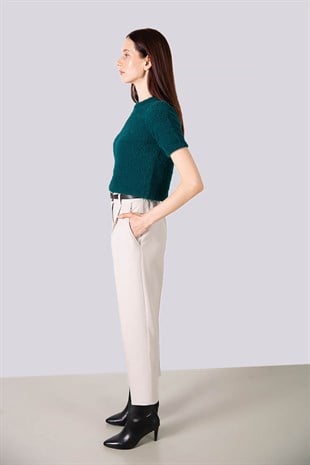 Yeşil tüylü kısa kollu kazak