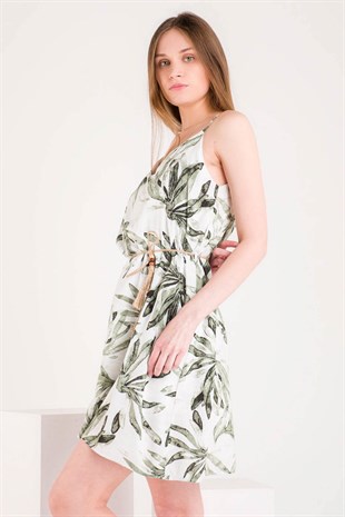 Yeşil Yaprak Desenli Sırt Detaylı Hasır Kemerli Mini Keten Elbise 