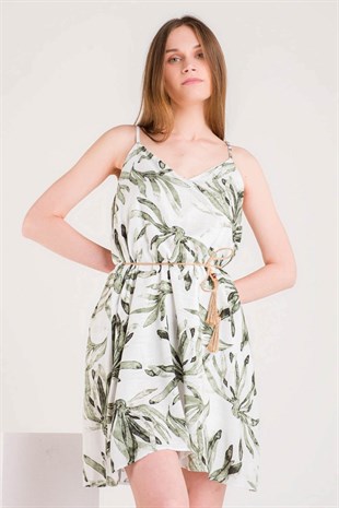 Yeşil Yaprak Desenli Sırt Detaylı Hasır Kemerli Mini Keten Elbise 