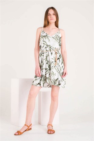 Yeşil Yaprak Desenli Sırt Detaylı Hasır Kemerli Mini Keten Elbise 