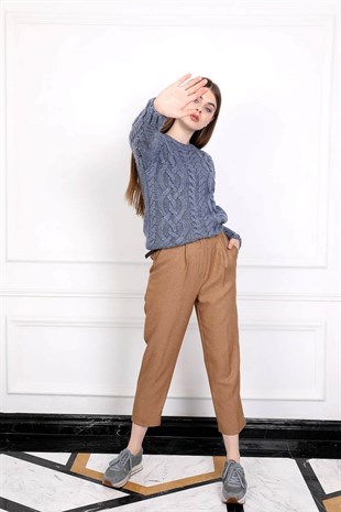 Yüksek bel kendinden kemerli havuç kumaş pantolon - Kahverengi