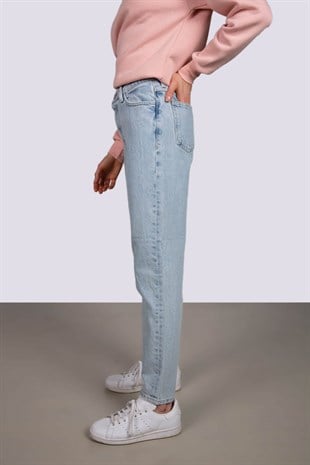 Yüksek bel mom jeans açık mavi kot