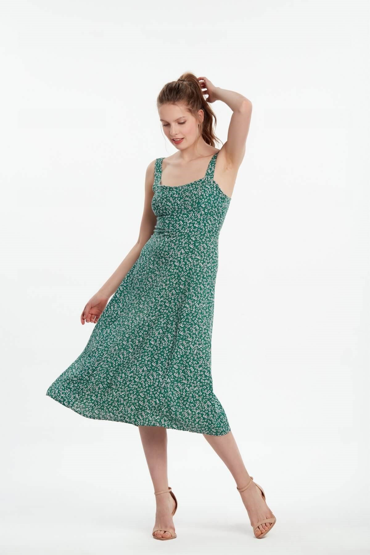 Geniş askılı midi çiçekli elbise yeşil | NiLiST