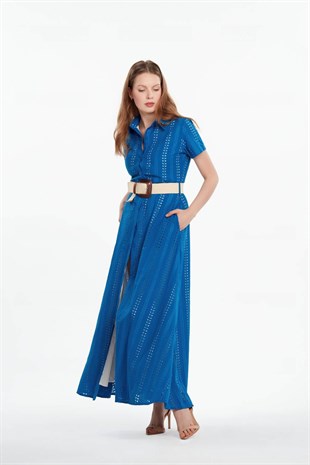 Dik yakalı astarlı uzun brode tasarım elbise mavi ve diğer Elbise modellerimiz için online alışveriş mağazamızı ziyaret edin. 