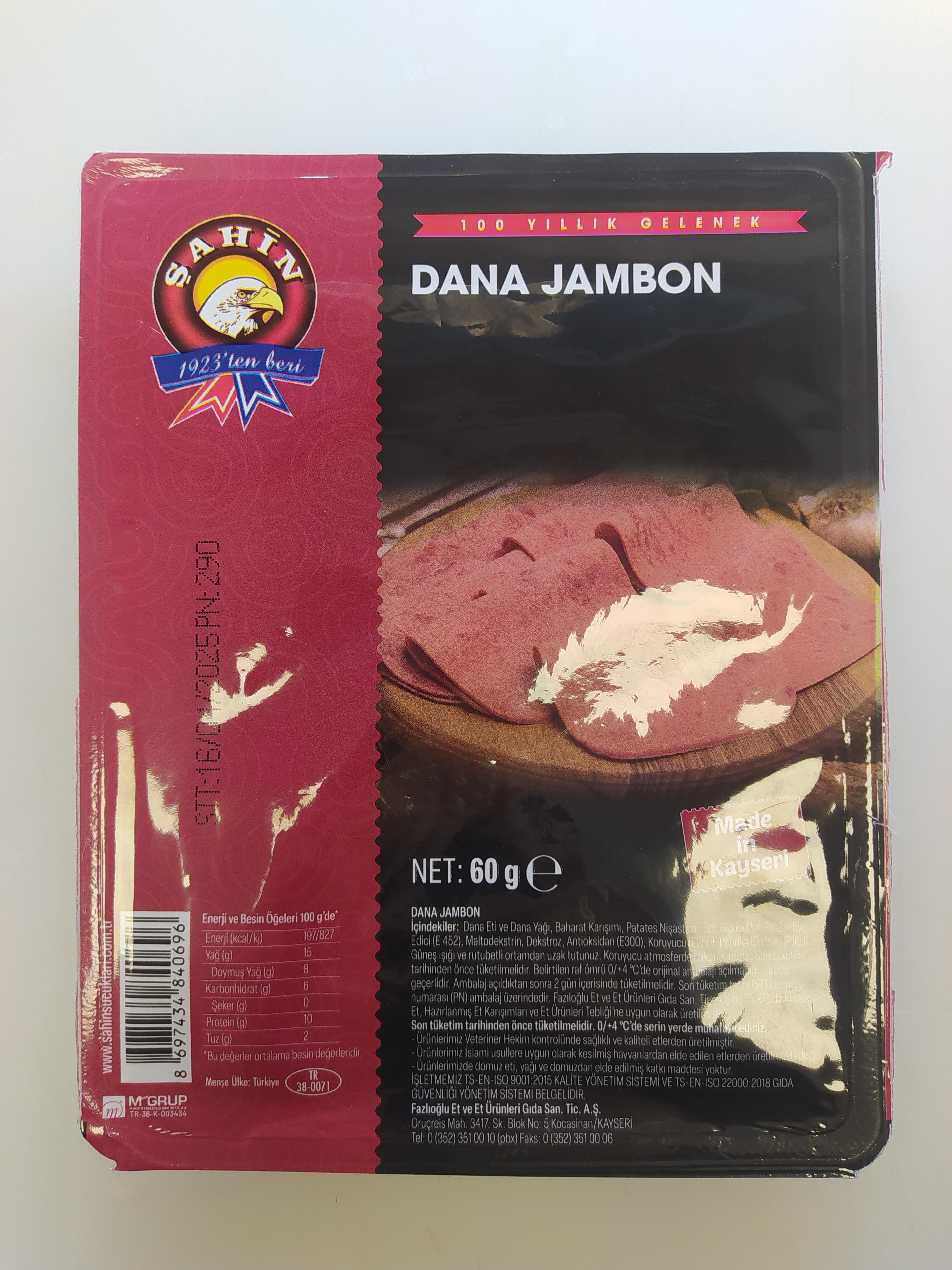 ŞAHİN JAMBON DANA DİLİMLİ 60 GR