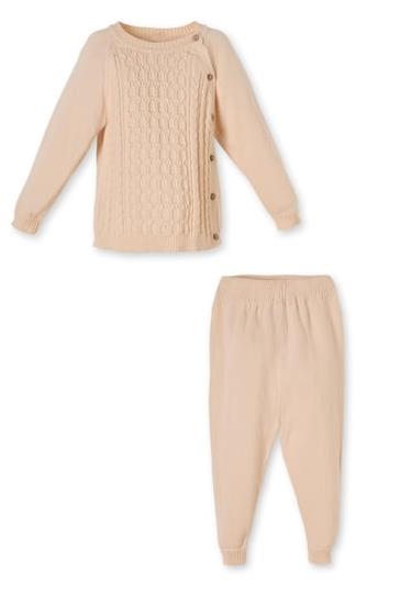 Bej Organik Pamuklu Örgü Desenli İkili Triko Erkek Çocuk Takımı