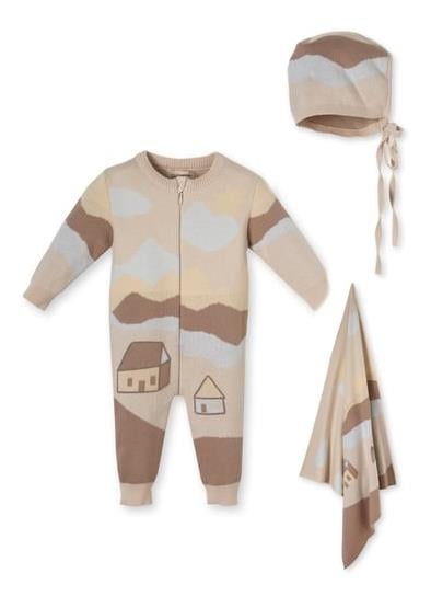 Bej Ev Desenli Triko Organik Pamuk Unisex Yenidoğan Bebek Tulum Takımı